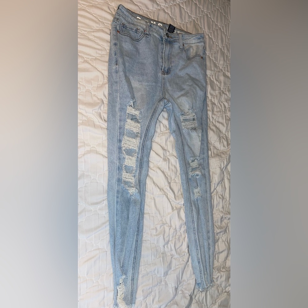 Blue Skinny Jeans with Faded Distressing